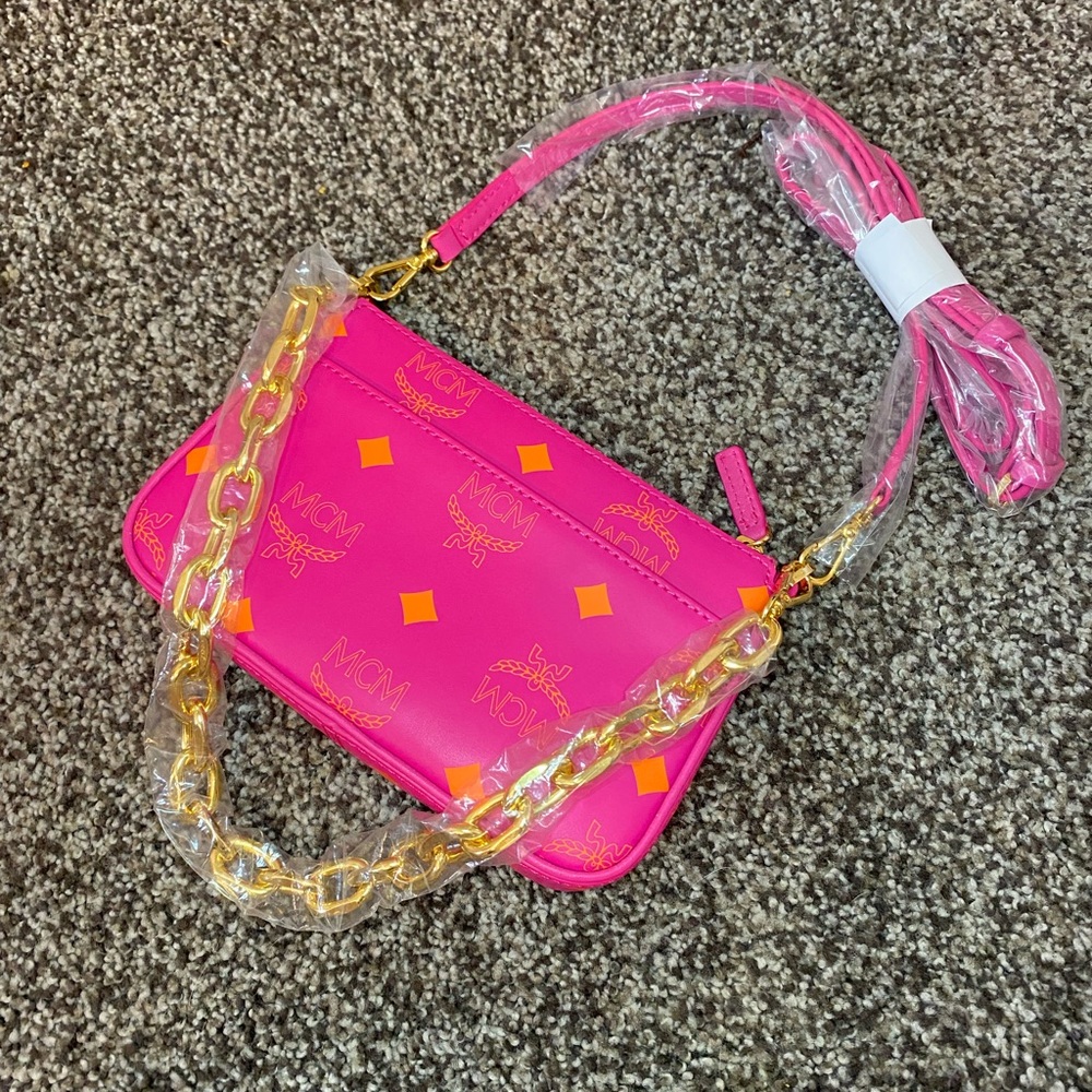 NWT MCM Fuchsia Pink Mini Color Splash Logo Leather Shoulder Bag - Picture 3 of 13